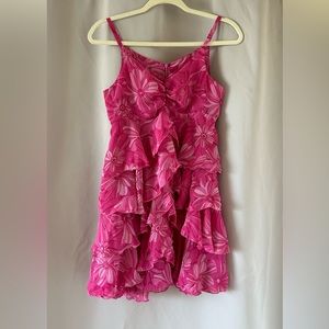 Flower hot pink strap mini dress ruffle tired chiffon cami dress